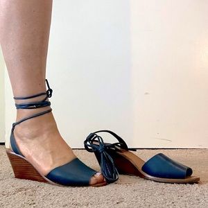 GAP blue leather wedge heels with ankle ties.